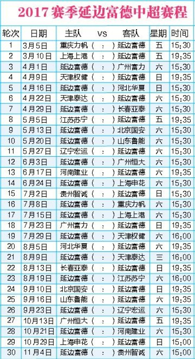 2017中超赛程表成绩 2017中超联赛